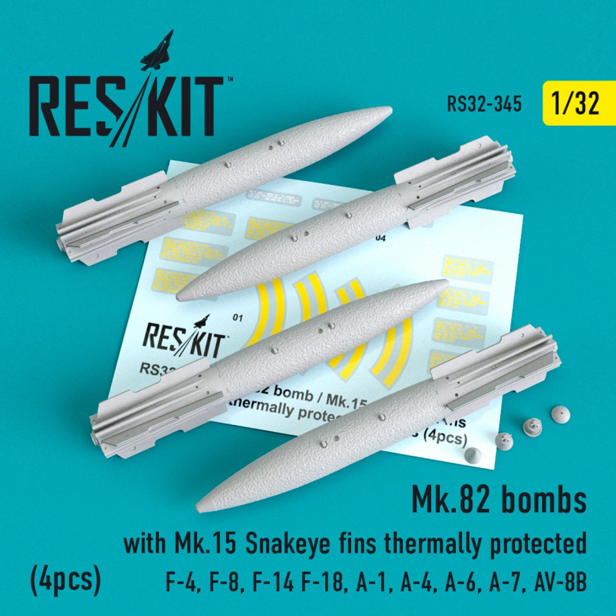 RESKIT RS32-0345 MK.82 BOMBES AVEC AILETTES ŒIL DE SERPENT MK.15 À PROTECTION THERMIQUE (4 PIÈCES) 1/32