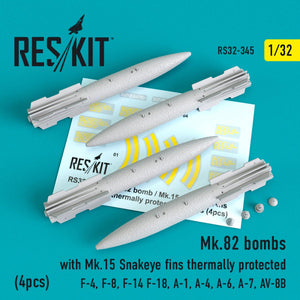 RESKIT RS32-0345 MK.82 BOMBES AVEC AILETTES ŒIL DE SERPENT MK.15 À PROTECTION THERMIQUE (4 PIÈCES) 1/32