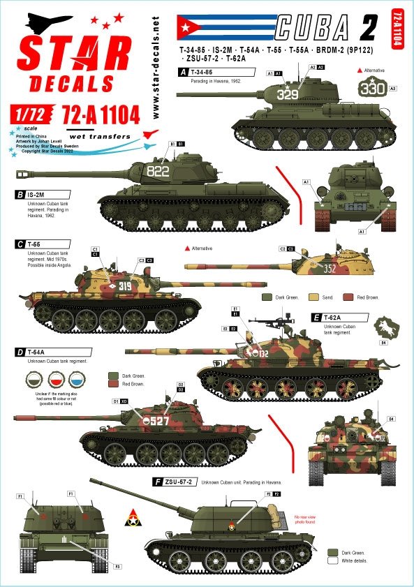 Star Decals 72-A1104 Tanks & AFVs in Cuba # 2. T-34/85, IS-2M, T-54A, T-55, T-55A, T-62A, ZSU-57-2, BRDM-2 (9P122). 1/72