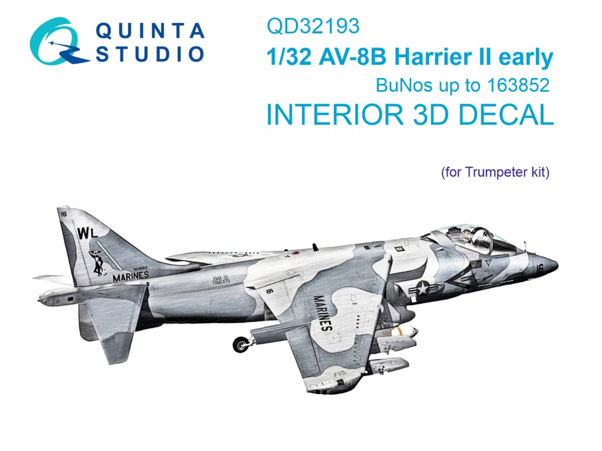 Quinta Studio QD32193 AV-8B Harrier II early 3D-Printed &amp;amp; coloured Interior on decal paper (Trumpeter) 1/32