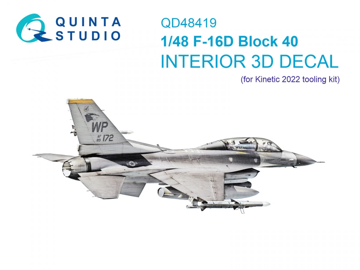 Quinta Studio QD48419 F-16D block 40 3D-Printed &amp;amp; coloured Interior on decal paper (Kinetic 2022 tool) 1/48