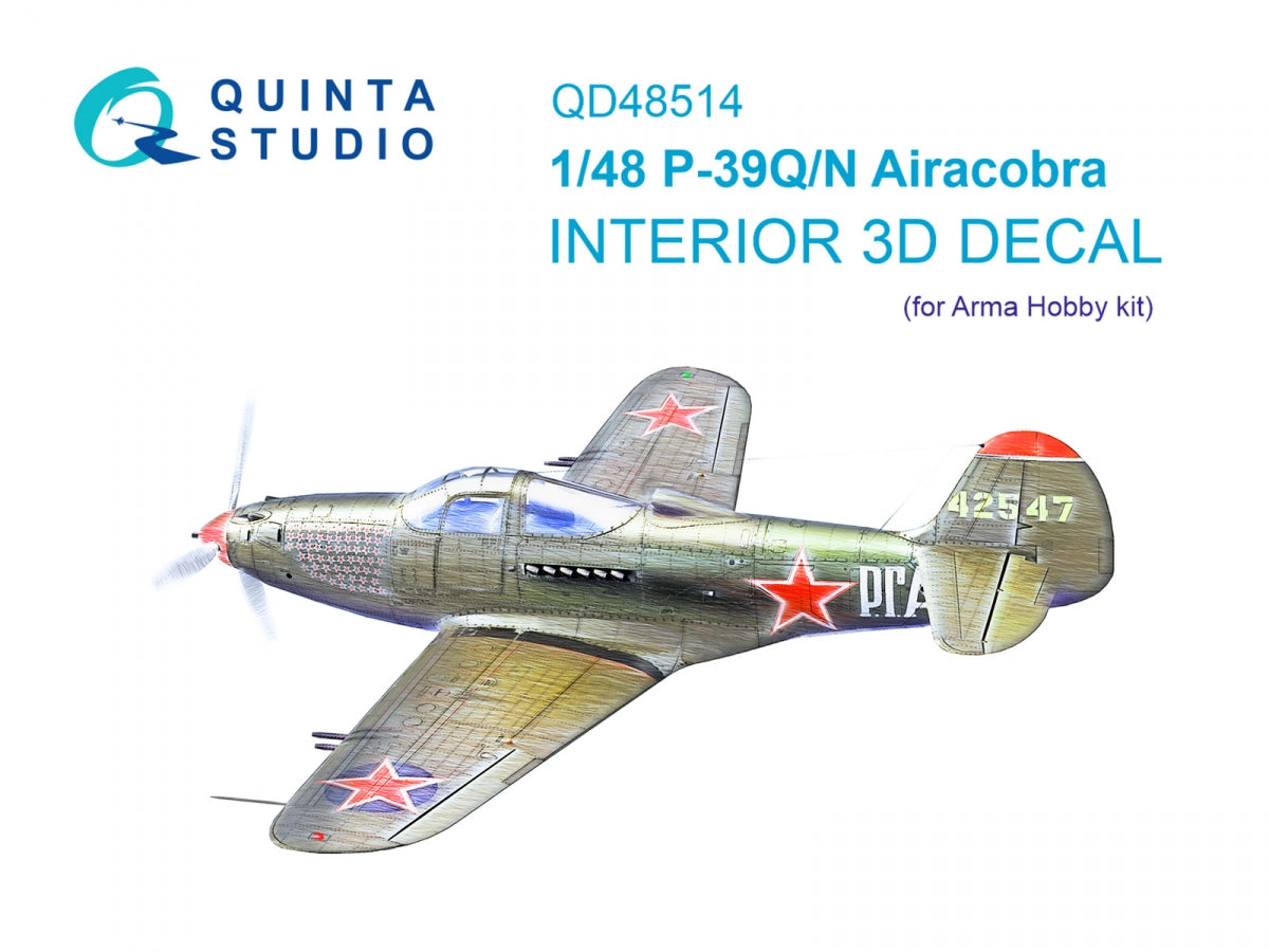 Intérieur coloré imprimé en 3D sur papier décalcomanie pour P-39Q/N Airacobra (Arma Hobby) Quinta Studio QD48514, échelle 1/48