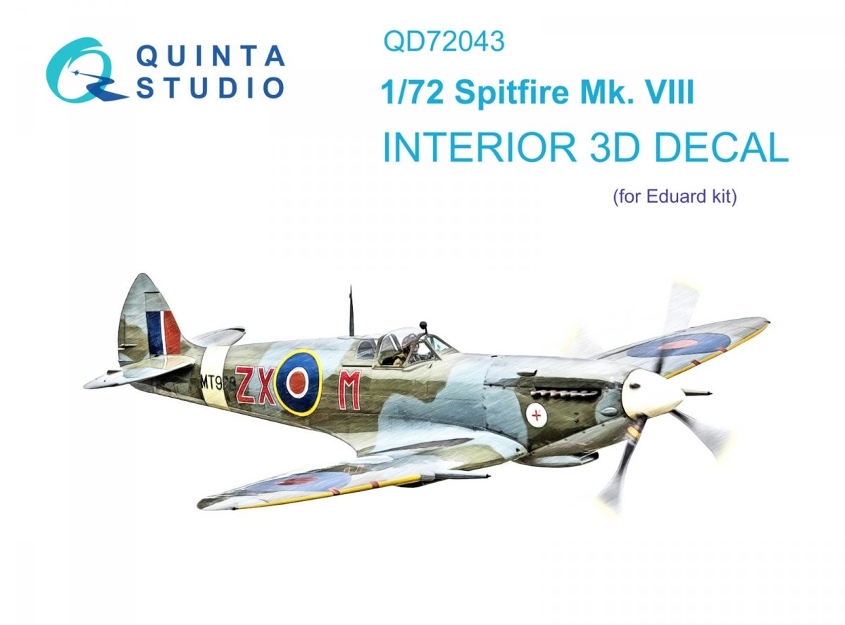 Quinta Studio QD72043 Spitfire Mk.VIII 3D-Printed &amp; colored Interior on decal paper (Eduard) 1/72