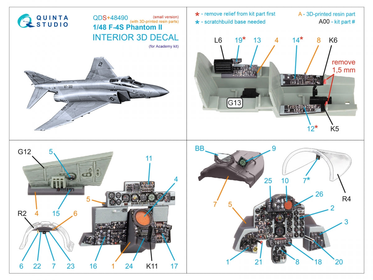Quinta Studio QDS+48490 F-4S Phantom II 3D-Printed &amp;amp; coloured Interior on decal paper (Academy) (Small version) (with 3D-printed resin parts) 1/48 – immagine 3