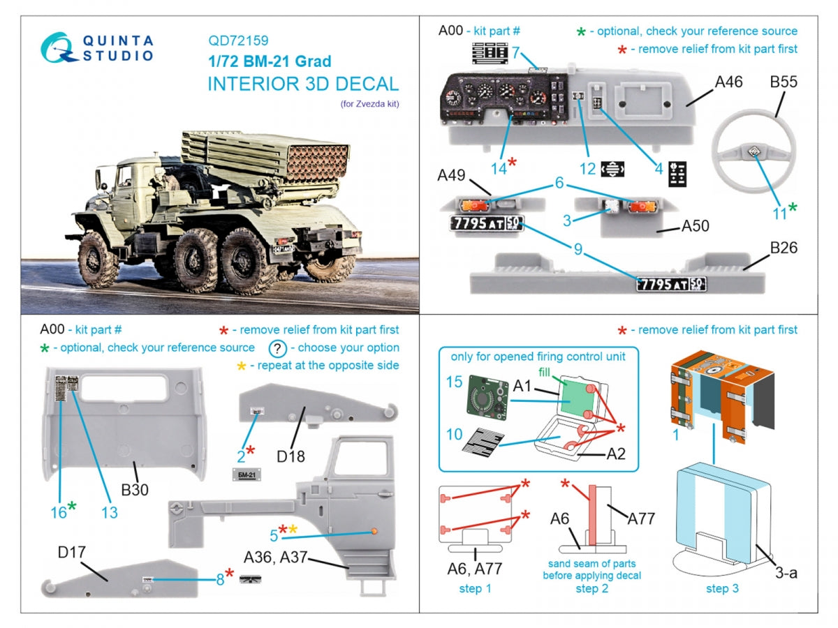Quinta Studio QD72159 BM-21 Grad 3D-Printed coloured Interior on decal paper (Zvezda) 1/72 – zdjęcie 2
