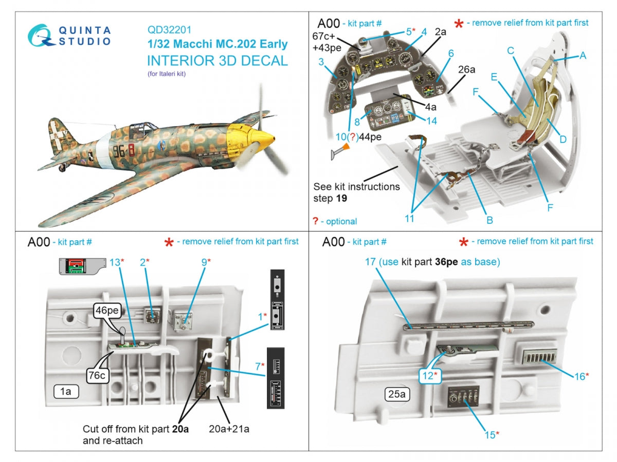 Quinta Studio QD32201 Macchi MC.202 Folgore Early 3D-Printed &amp;amp; coloured Interior on decal paper (Italeri) 1/32 – imagen 2