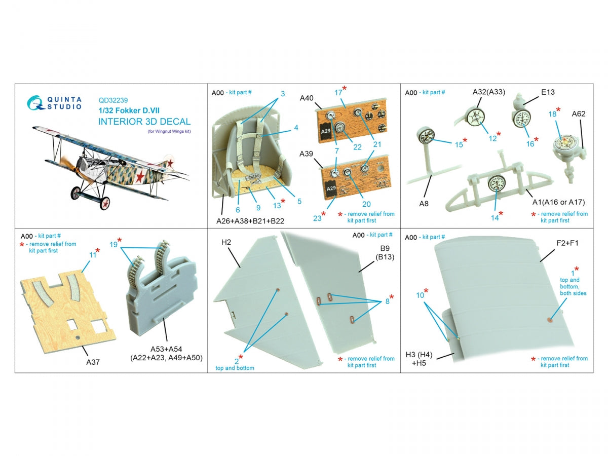 Quinta Studio QD32239 Fokker D.VII 3D-Printed &amp;amp; coloured Interior on decal paper (Wingnut Wings) 1/32 – immagine 13