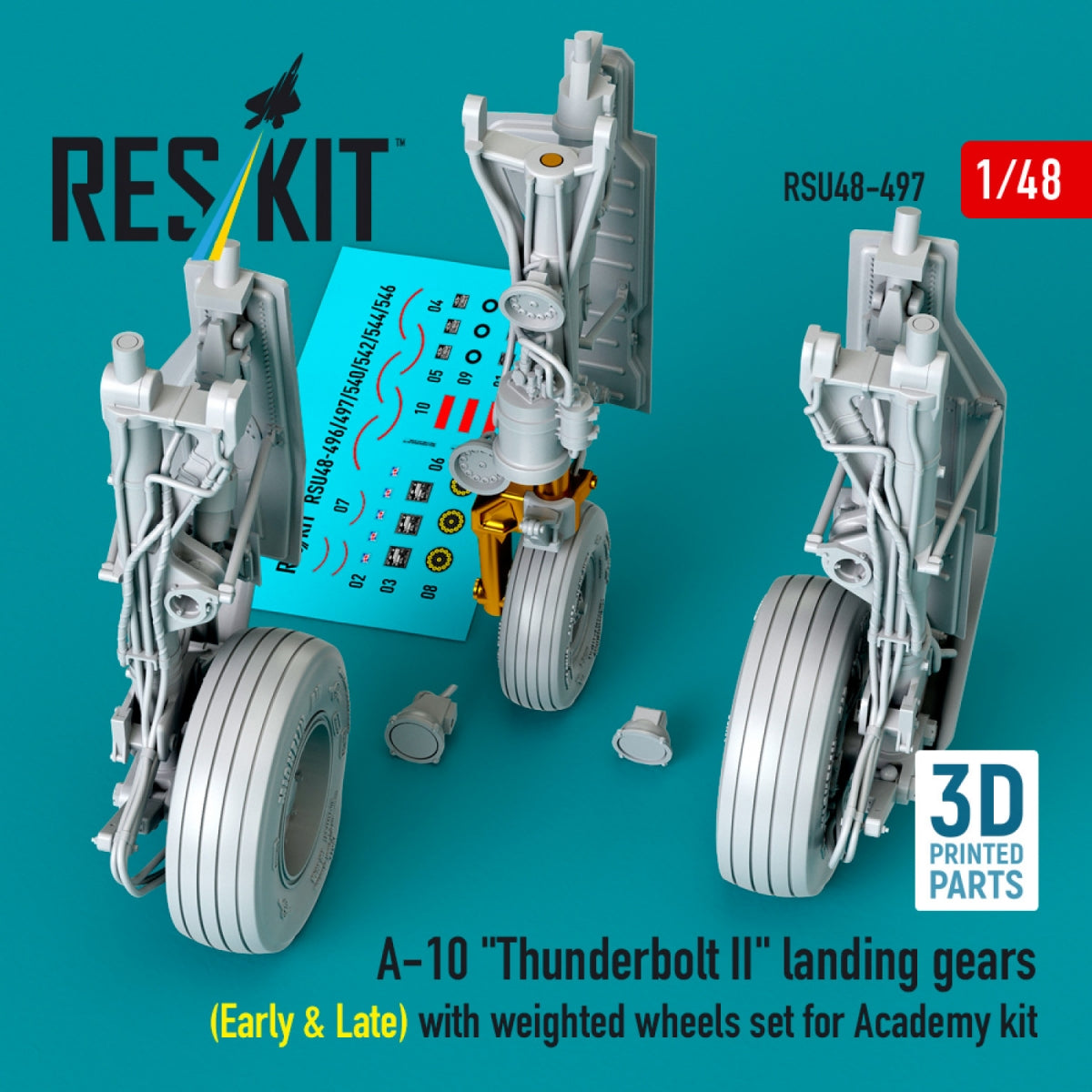 RESKIT RSU48-0497 A-10 "Thunderbolt II" landing gears (Early & Late) with weighted wheels set for Academy kit (Metal+3D Printed) 1/48