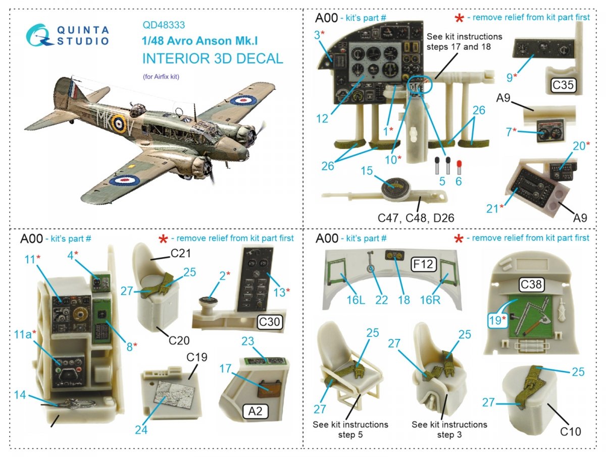Quinta Studio QD48333 Avro Anson Mk.I 3D-Printed &amp;amp; coloured Interior on decal paper (Airfix) 1/48 – imagen 8