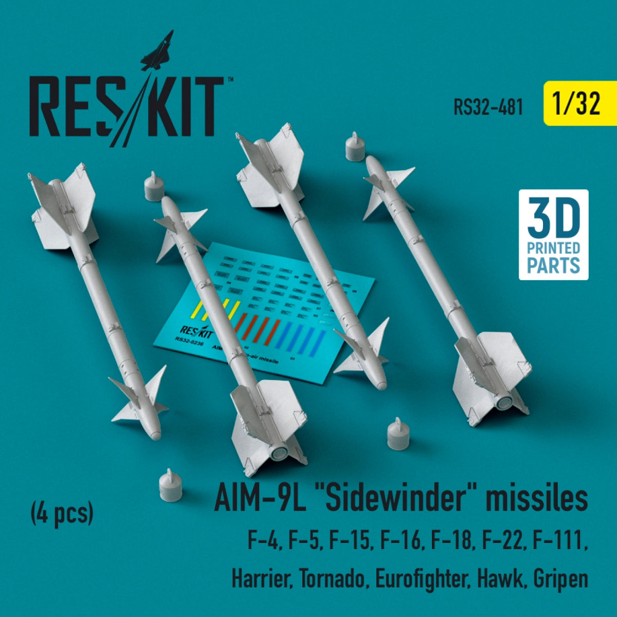 RESKIT RS32-0481 AIM-9L "Sidewinder" missiles (4 pcs) (3D Printed) 1/32