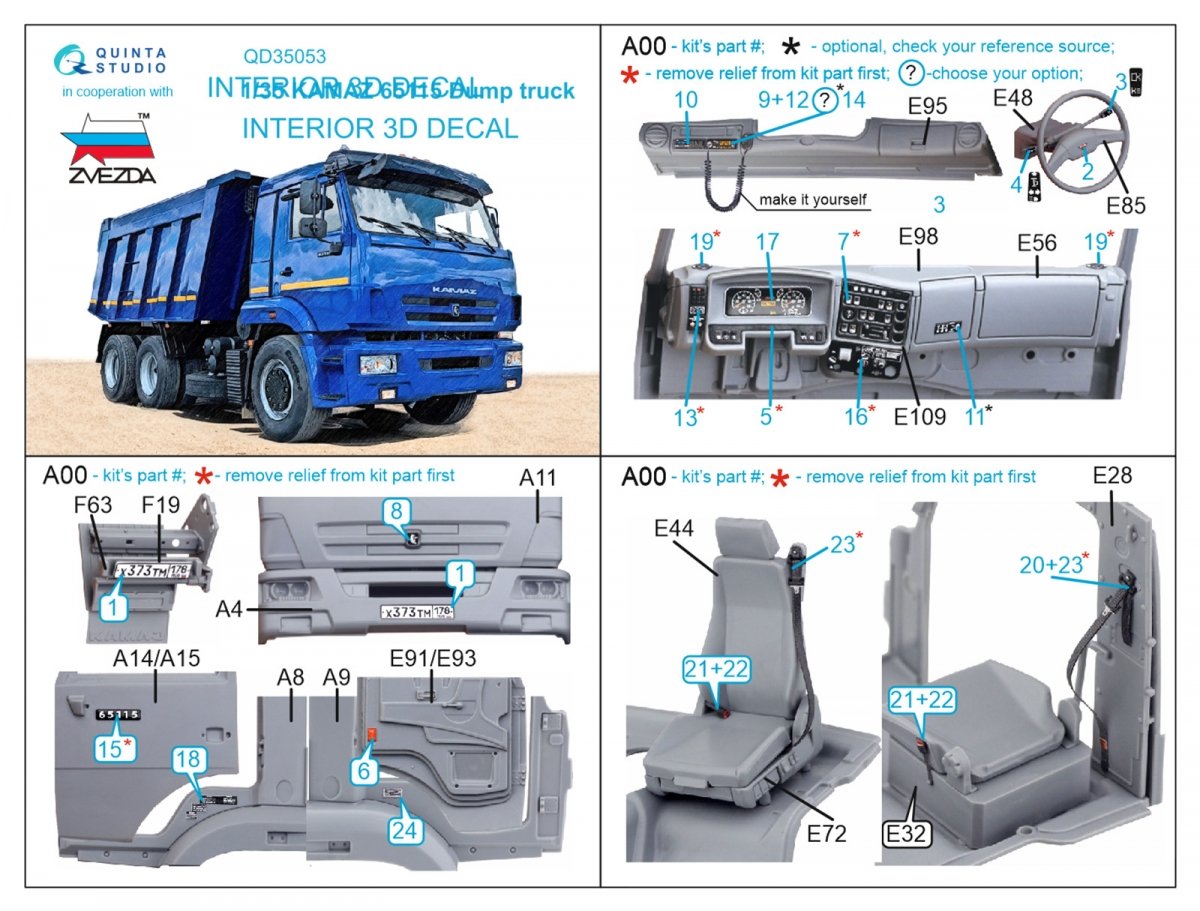Quinta Studio QD35053 KAMAZ 65115 Dump truck 3D-Printed &amp;amp; coloured Interior on decal paper ( Zvezda ) 1/35 – zdjęcie 2
