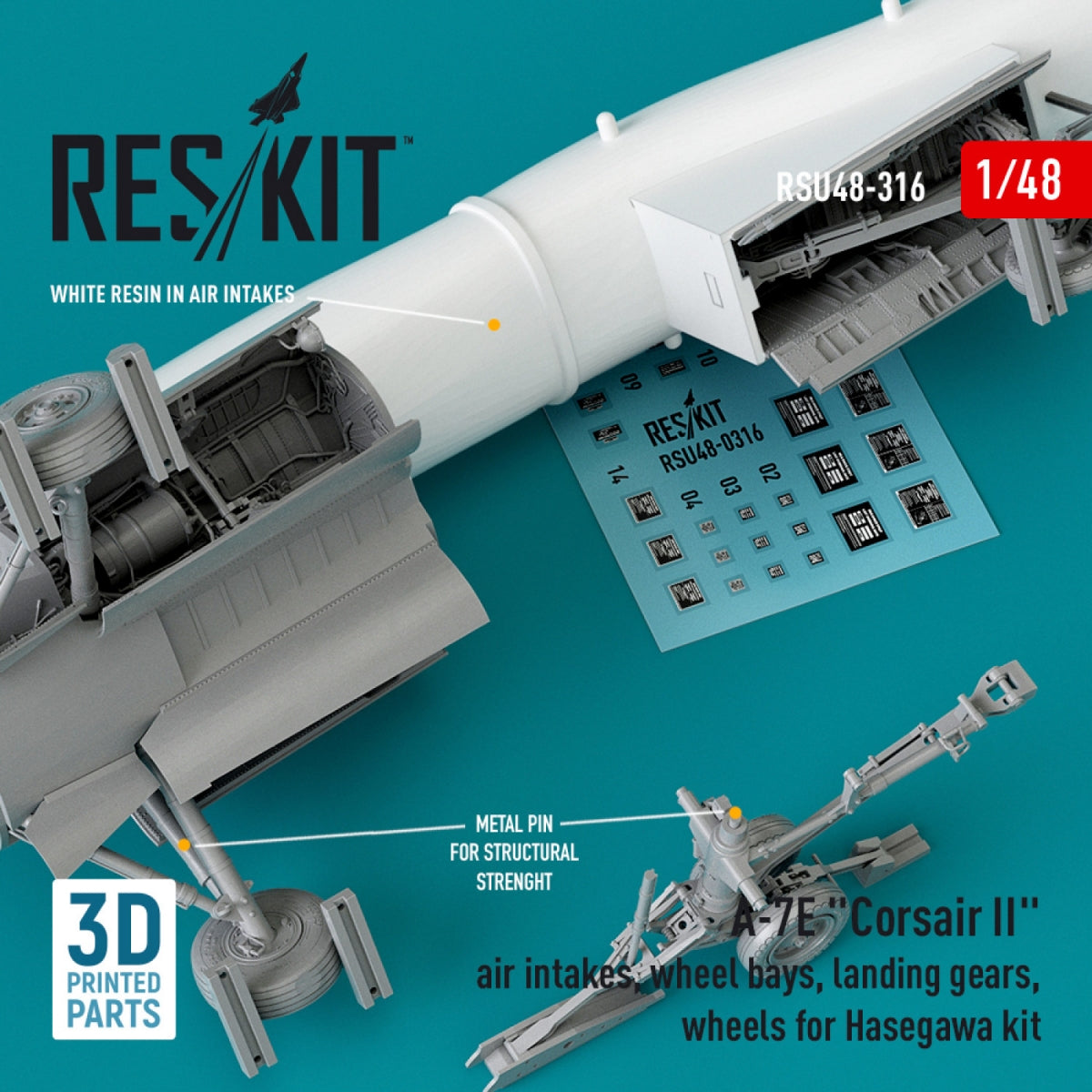 RESKIT RSU48-0316 A-7E &amp;quot;CORSAIR II&amp;quot; AIR INTAKES, WHEEL BAYS, LANDING GEARS, WHEELS FOR HASEGAWA KIT (3D PRINTED) 1/48 – Bild 2