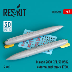 RESKIT RSU48-0302 MIRAGE 2000 RPL 501/502 EXTERNAL FUEL TANKS 1700LT (2 PCS) (3D PRINTED) 1/48