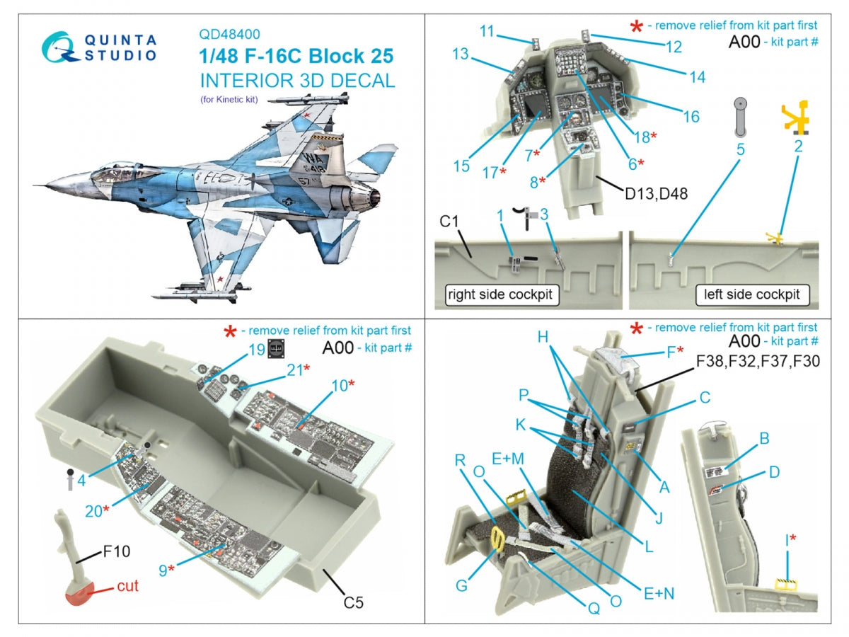 Quinta Studio QD48400 F-16C block 25 3D-Printed &amp;amp; coloured Interior on decal paper (Kinetic 2022 tool) 1/48 – zdjęcie 2