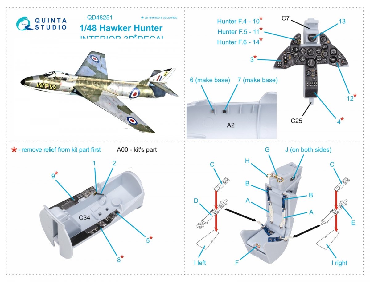 Quinta Studio QD48251 Hawker Hunter 3D-Printed &amp;amp; coloured Interior on decal paper (Airfix) 1/48 – immagine 10