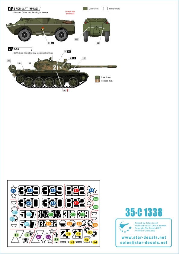 Star Decals 35-C1338 Chars et véhicules blindés à Cuba n° 2. T-34-85, IS-2M, T-54A, T-55, T-62A, ZSU-57-2, BRDM-2 (9P122). Échelle 1/35 – image 3
