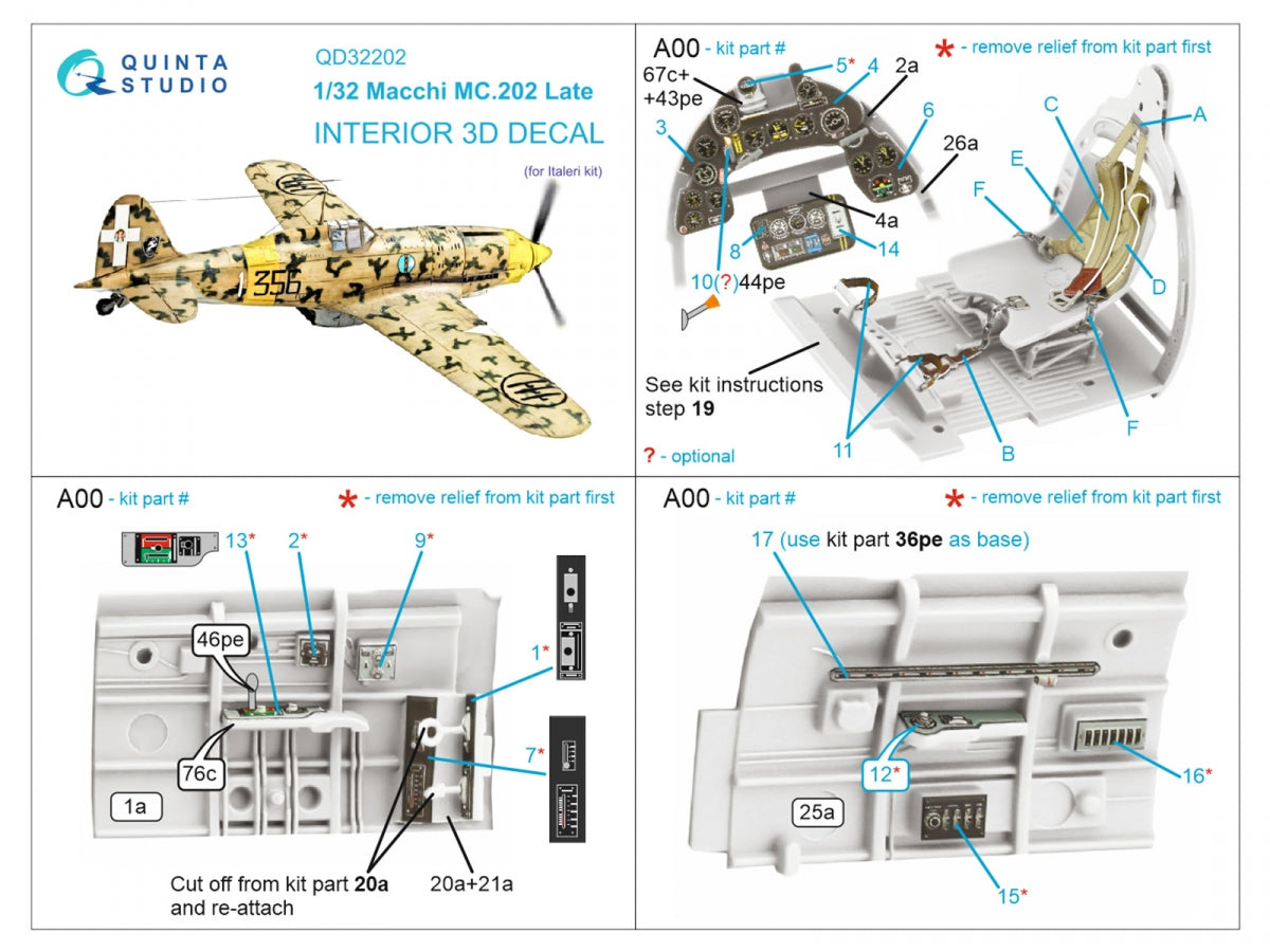 Quinta Studio QD32202 Macchi MC.202 Folgore Late 3D-Printed &amp;amp; coloured Interior on decal paper (Italeri) 1/32 – Bild 2