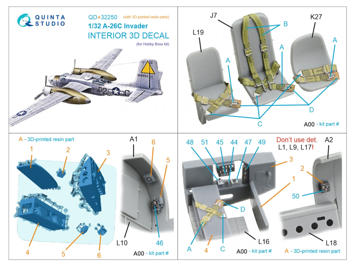Quinta Studio QD+32250 A-26C Invader 3D-Printed &amp;amp; coloured Interior on decal paper (Hobby Boss) (with 3D-printed resin parts) 1/32 – immagine 17