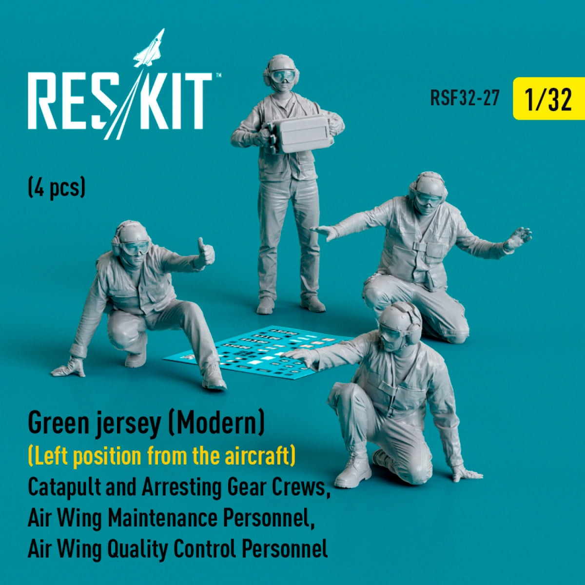 RESKIT RSF32-0027 Maillot vert (moderne) (position gauche par rapport à l&amp;#39;avion) ​​Équipes de catapultage et de brin d&amp;#39;arrêt, personnel de maintenance de l&amp;#39;escadrille, personnel de contrôle qualité de l&amp;#39;escadrille (4 pièces) (Impression 3D) 1/32
