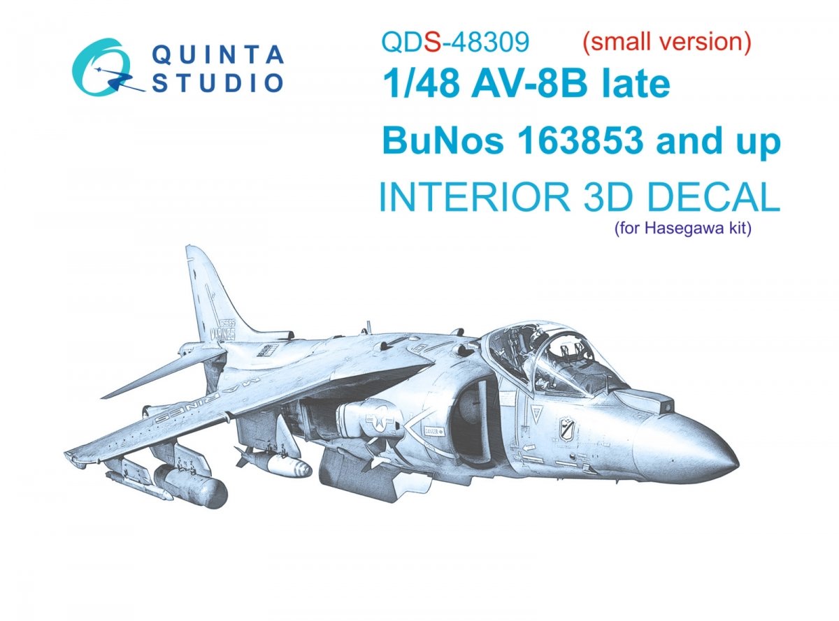 Quinta Studio QDS-48309 AV-8B Late 3D-Printed &amp; colored Interior on decal paper (Hasegawa) (Small version) 1/48