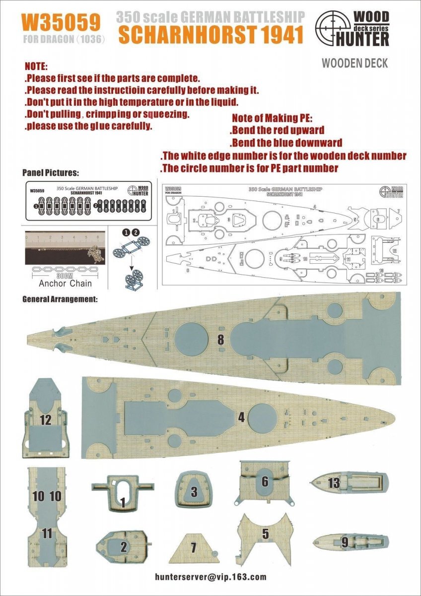 Wood Hunter W35059 Greman Navy Battleship SCHARNHORST Wooden Deck For DRAGON 1/350