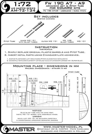 Master AM-72-134 Fw 190 A7 - A9 ensemble d&amp;#39;armement (embouts MG 131, canons MG 151, couvercles de MG MK 108) et tube pitot (pour modèles Eduard) (1/72) – image 3