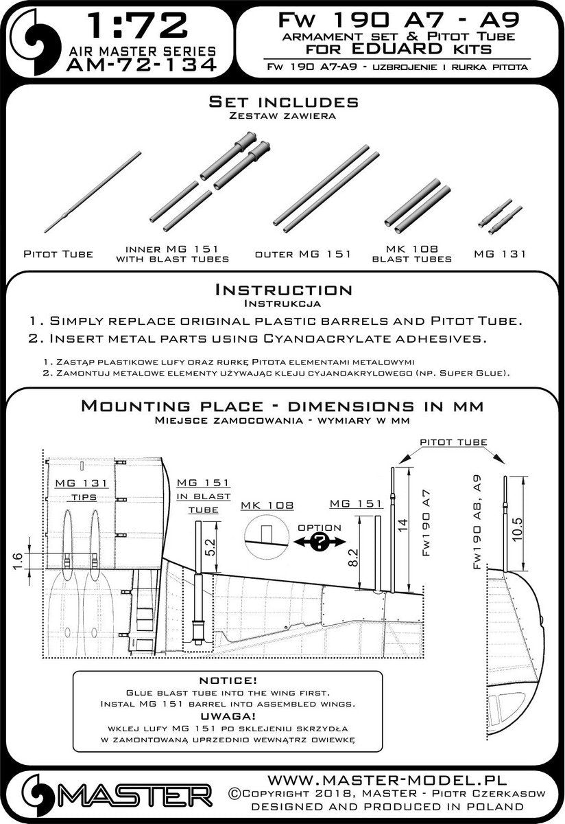 Master AM-72-134 Fw 190 A7 - A9 ensemble d&amp;#39;armement (embouts MG 131, canons MG 151, couvercles de MG MK 108) et tube pitot (pour modèles Eduard) (1/72) – image 3