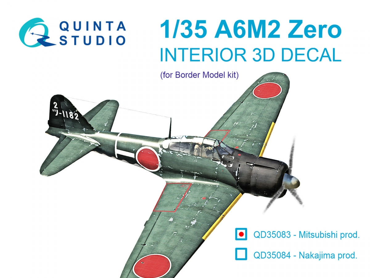 Quinta Studio QD35083 A6M2 Zero (Mitsubishi Prod.) 3D-Printed & coloured Interior on decal paper (Border Model) 1/35