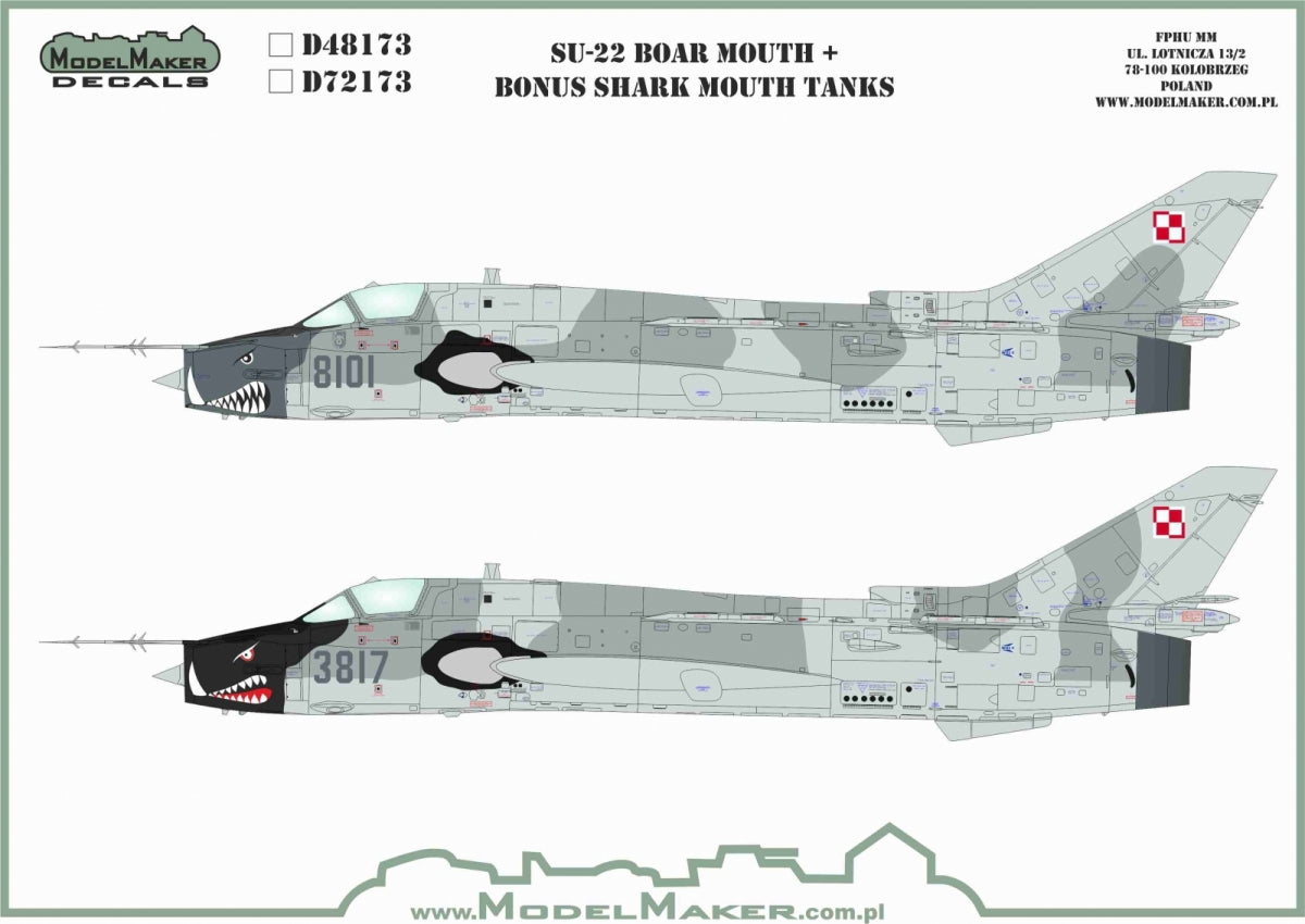 ModelMaker Decals D48173 Su-22 Boar Mouth + bonus shark mouth tanks 1/48