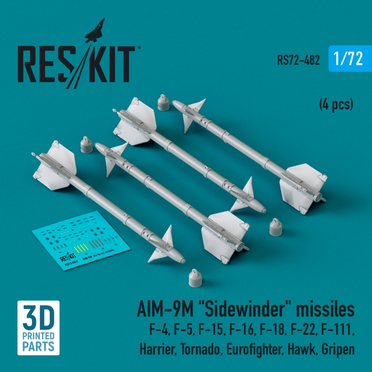 RESKIT RS72-0482 AIM-9M &amp;quot;Sidewinder&amp;quot; missiles (4 pcs) (3D Printed) 1/72