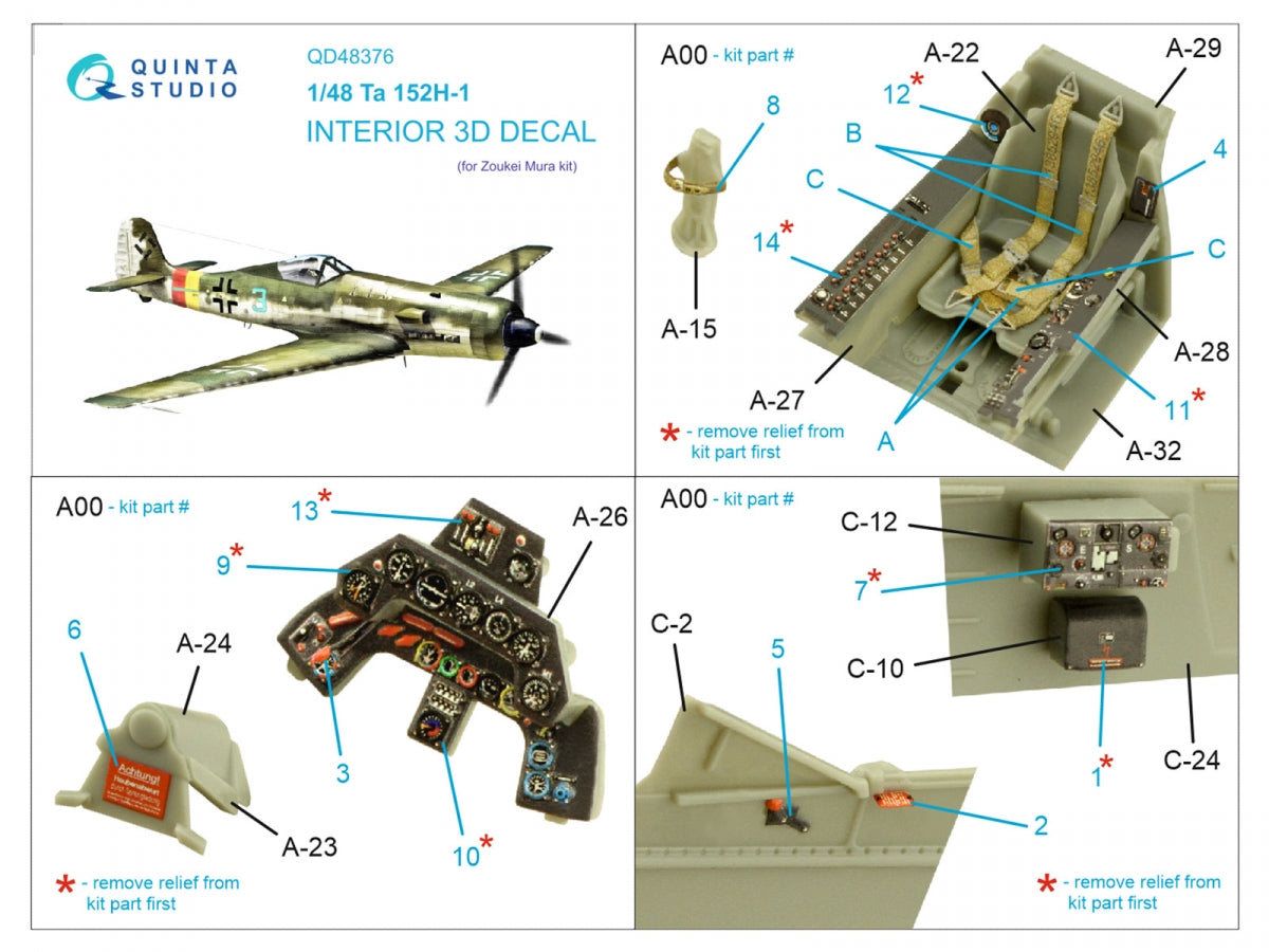 Quinta Studio QD48376 Ta 152H 3D-Printed &amp;amp; coloured Interior on decal paper (Zoukei Mura) 1/48 – Bild 2
