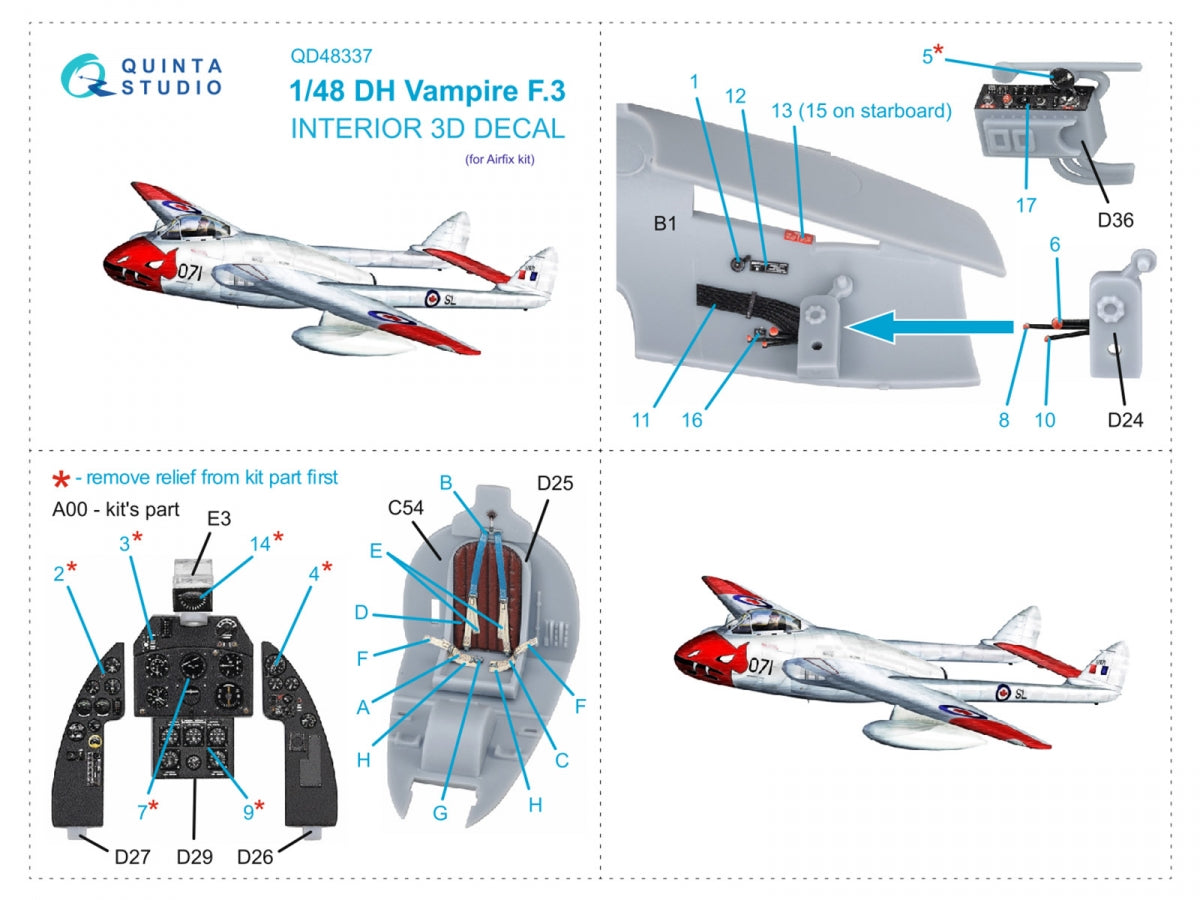 Intérieur coloré imprimé en 3D sur papier décalcomanie Quinta Studio QD48337 DH Vampire F.3 (Airfix) 1/48 – image 2