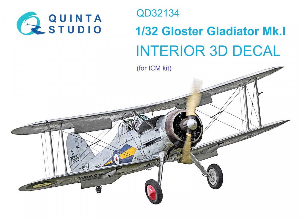 Intérieur imprimé en 3D et coloré sur papier décalcomanie (ICM) Quinta Studio QD32134 Gloster Gladiator Mk I 1/32
