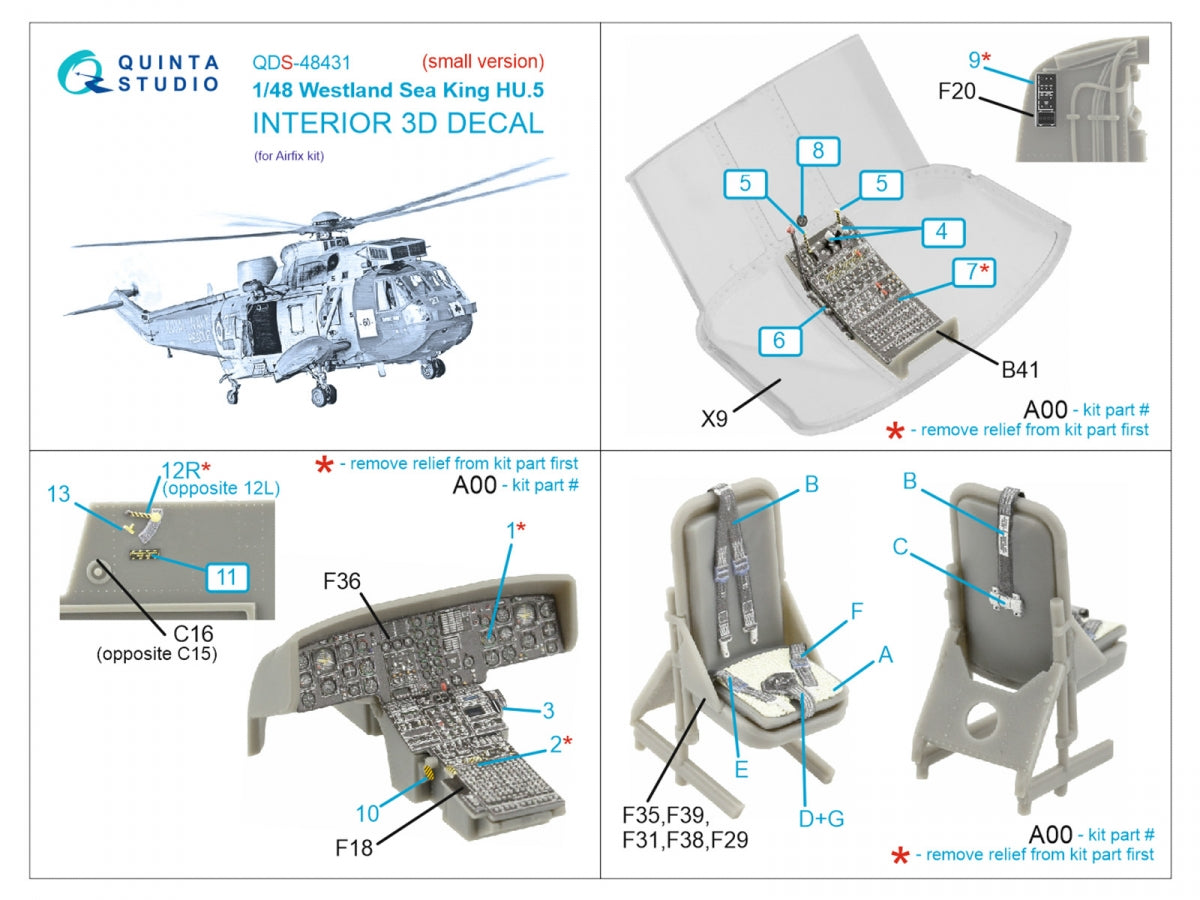 Intérieur imprimé en 3D et coloré sur papier décalcomanie Quinta Studio QDS-48431 Westland Sea King HU.5 (Airfix) (Petite version) 1/48 – image 2