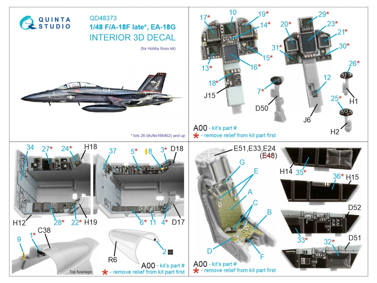 Quinta Studio QD48373 F/A-18F late / EA-18G 3D-Printed &amp;amp; coloured Interior on decal paper (Hobby Boss) 1/48 – immagine 2