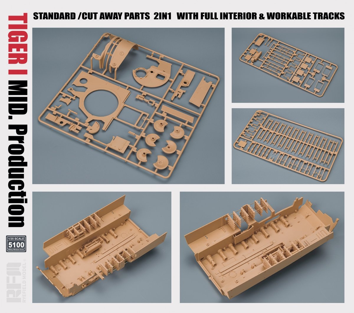 Rye Field Model 5100 TIGER I MID.Production STANDARD/CUT AWAY PARTS 2 IN 1 WITH FULL INTERIOR&amp;amp;WORKABLE TRACKS 1/35 – zdjęcie 4