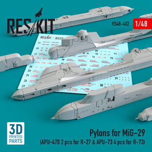 RESKIT RS48-0402 PYLONS FOR MIG-29 (APU-470 2 PCS FOR R-27 &amp;amp; APU-73 4 PCS FOR R-73) 1/48