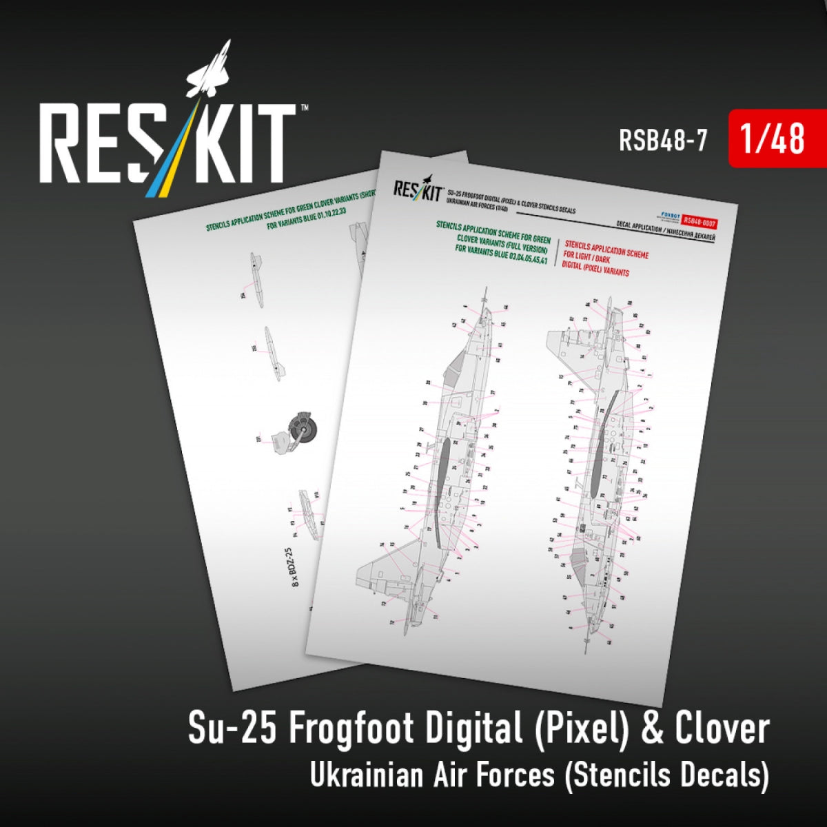 RESKIT RSB48-0007 Su-25 Frogfoot Digital (Pixel) &amp; Clover Ukrainian Air Forces (Stencils Decals)1/48