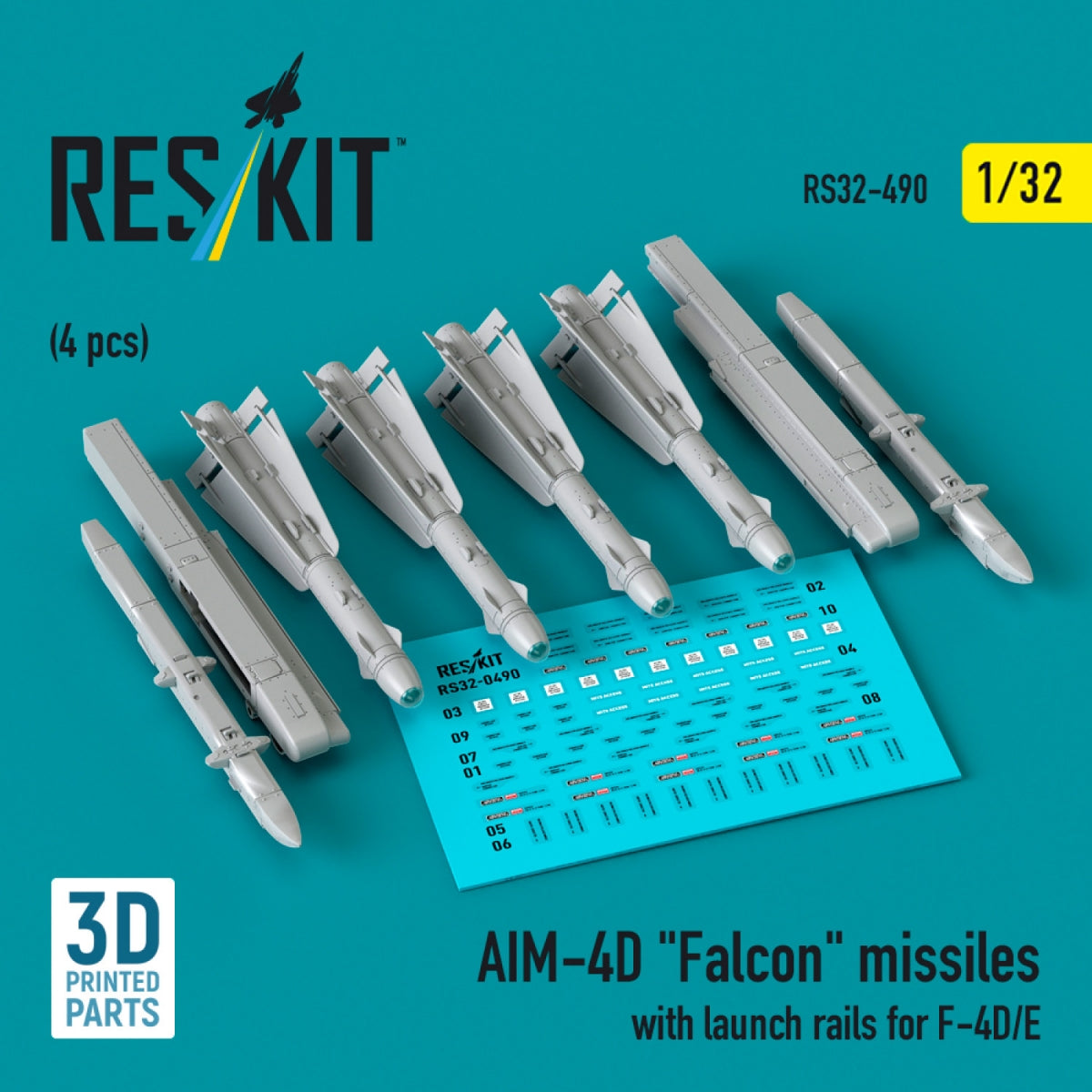 RESKIT RS32-0490 AIM-4D &amp;quot;Falcon&amp;quot; missiles with launch rails for F-4D/E (4 pcs) (3D Printed) 1/32