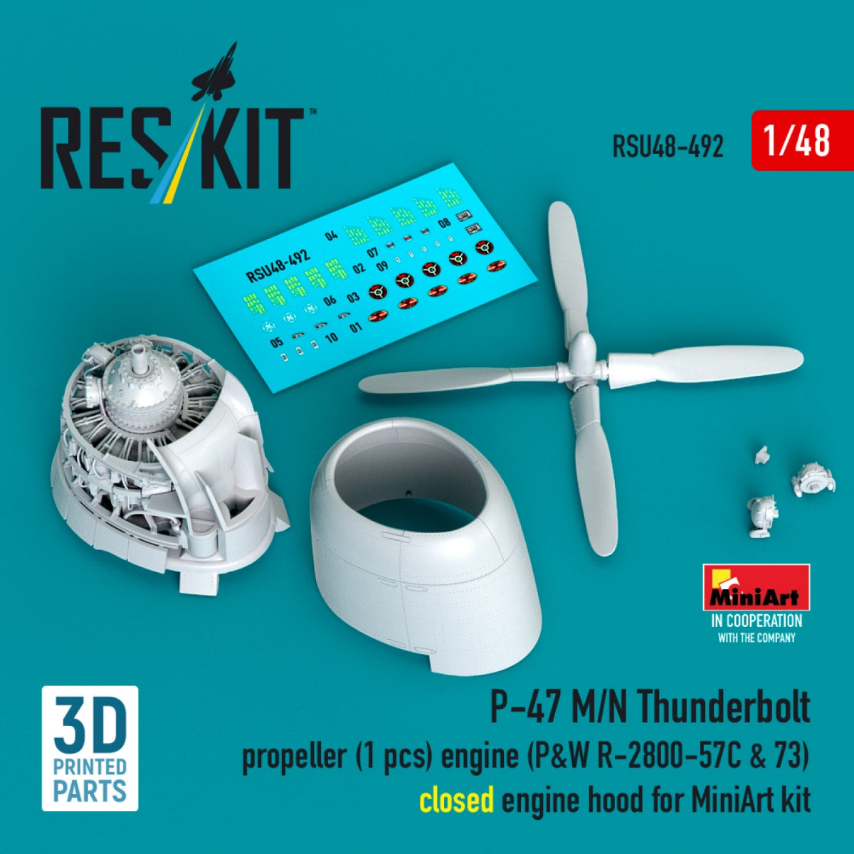 RESKIT RSU48-0492 P-47 M/N Thunderbolt propeller (1 pcs), engine (P&W R-2800-57C & 73) closed engine hood for MiniArt kit (3D Printed) 1/48