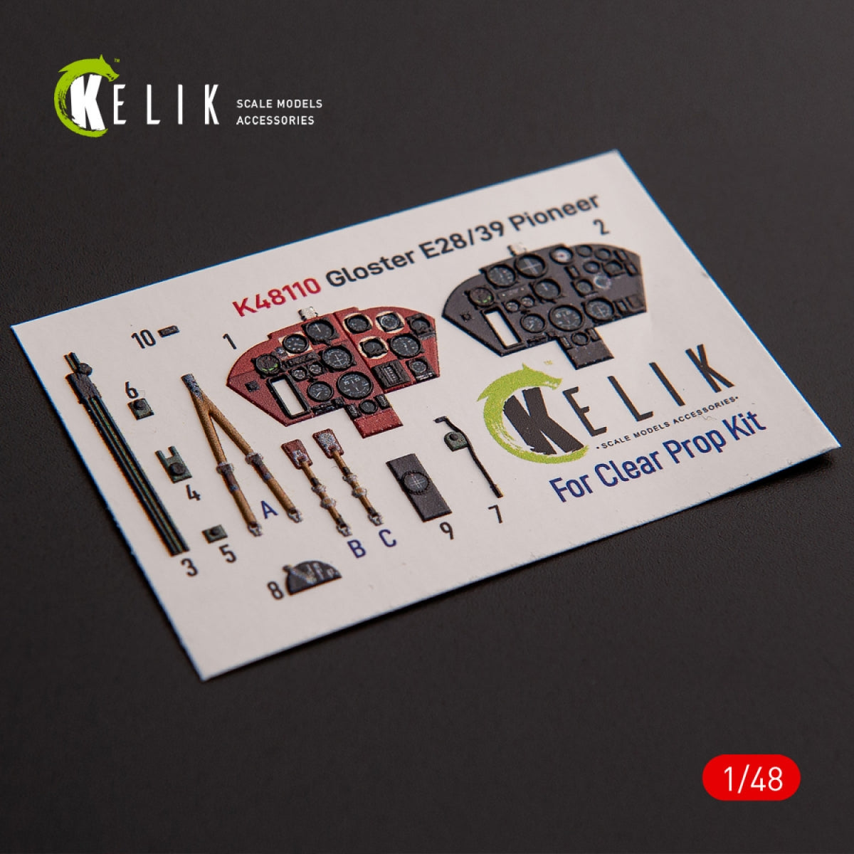 KELIK K48110 Gloster E28/39 Pioneer - décalcomanies 3D intérieures pour kit ClearProp 1/48