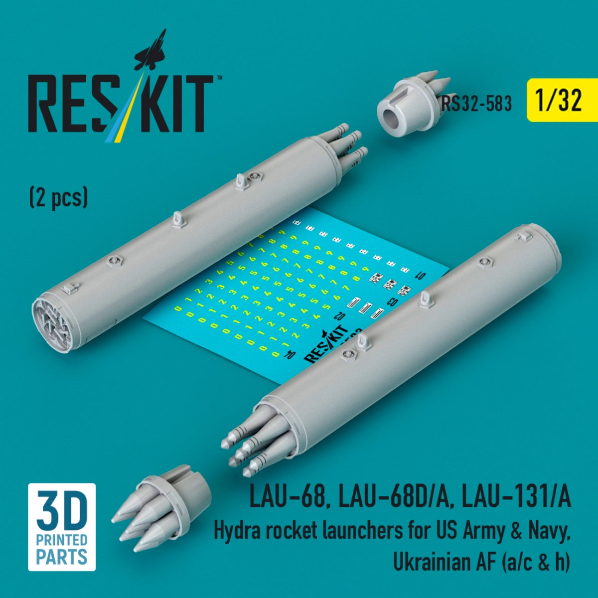RESKIT RS32-0583 LAU-68, LAU-68D/A, LAU-131/A Hydra rocket launchers for US Army & Navy, Ukrainian AF (a/c & h) (2 pcs) (3D Printed) 1/32