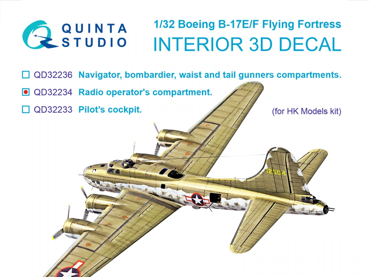 Quinta Studio QD32234 - Compartiment de l'opérateur radio pour Boeing B-17E/F. Intérieur coloré imprimé en 3D sur papier décalcomanie (HK models) à l'échelle 1/32.