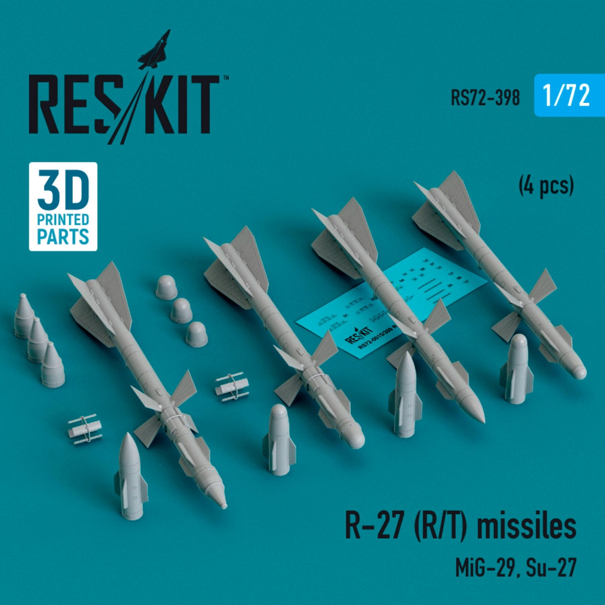 RESKIT RS72-0398 R-27 (R/T) missiles (4 pcs) (MiG-29, Su-27) (3D Printed) 1/72