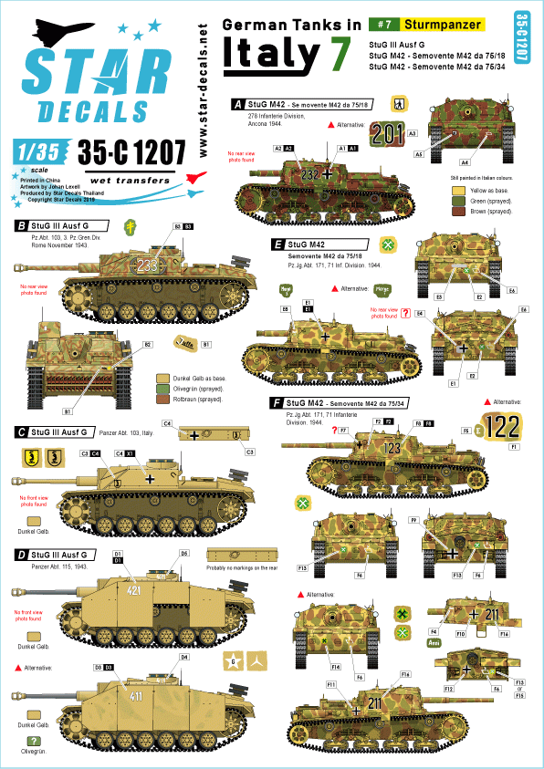 Star Decals 35-C1207 Chars allemands en Italie n° 7 Sturmpanzer 1/35