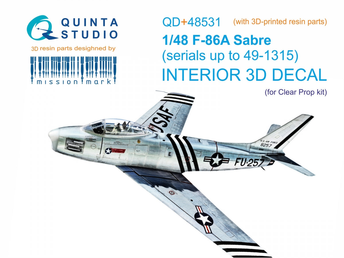 Quinta Studio QD+48531 F-86A Saber Intérieur imprimé en 3D et coloré sur papier décalcomanie (hélice transparente) (avec pièces en résine imprimées en 3D) 1/48