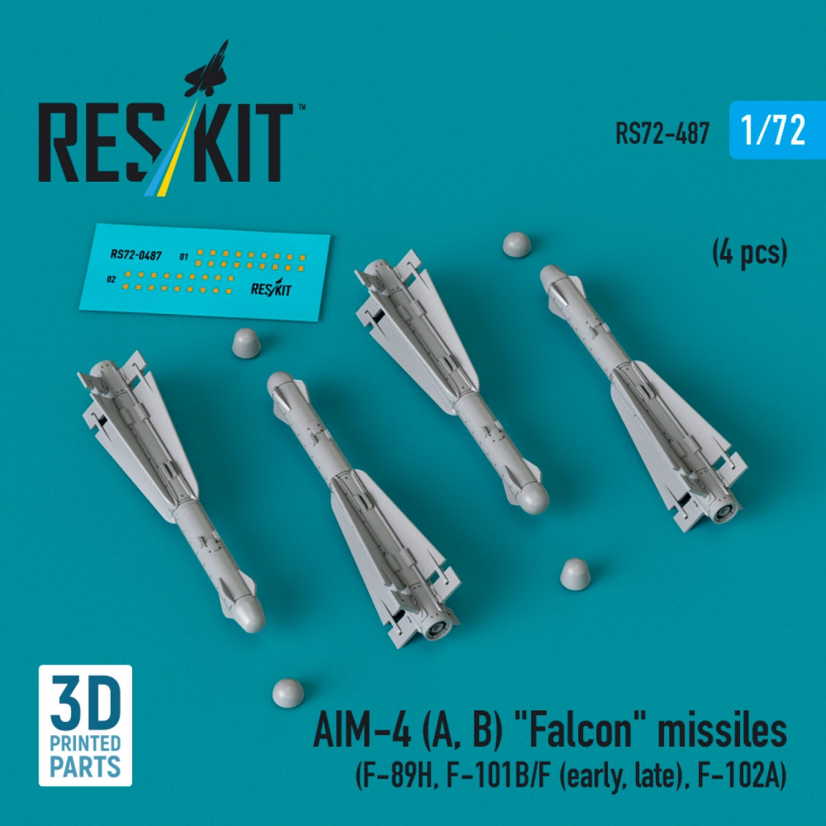 RESKIT RS72-0487 Missiles AIM-4 (A, B) « Falcon » (4 pièces) (Impression 3D) 1/72
