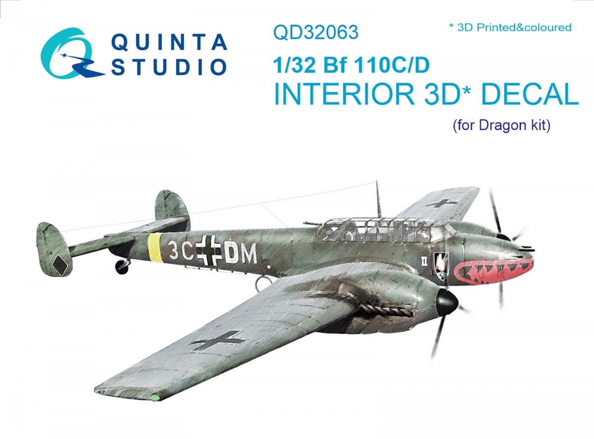Quinta Studio QD32063 Bf 110C/D 3D-Printed &amp; colored Interior on decal paper (for Dragon kit) 1/32