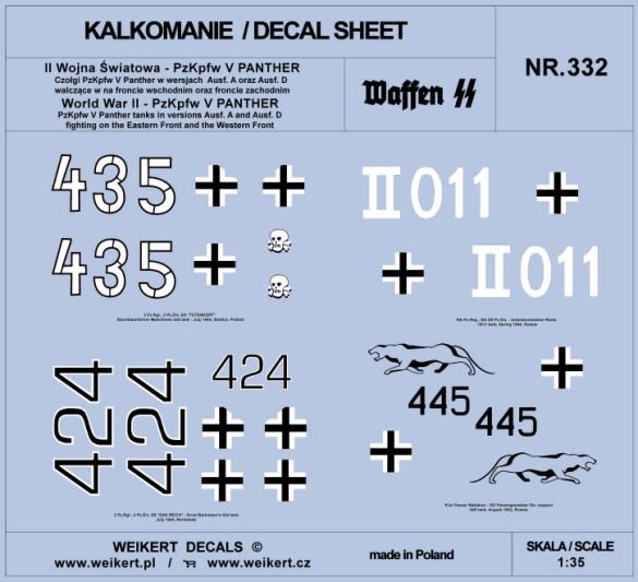 Weikert Decals DEC332 PzKpfw V Panther - czołgi w wersjach Ausf. A oraz Ausf. D - front wschodni i zachodni 1/35