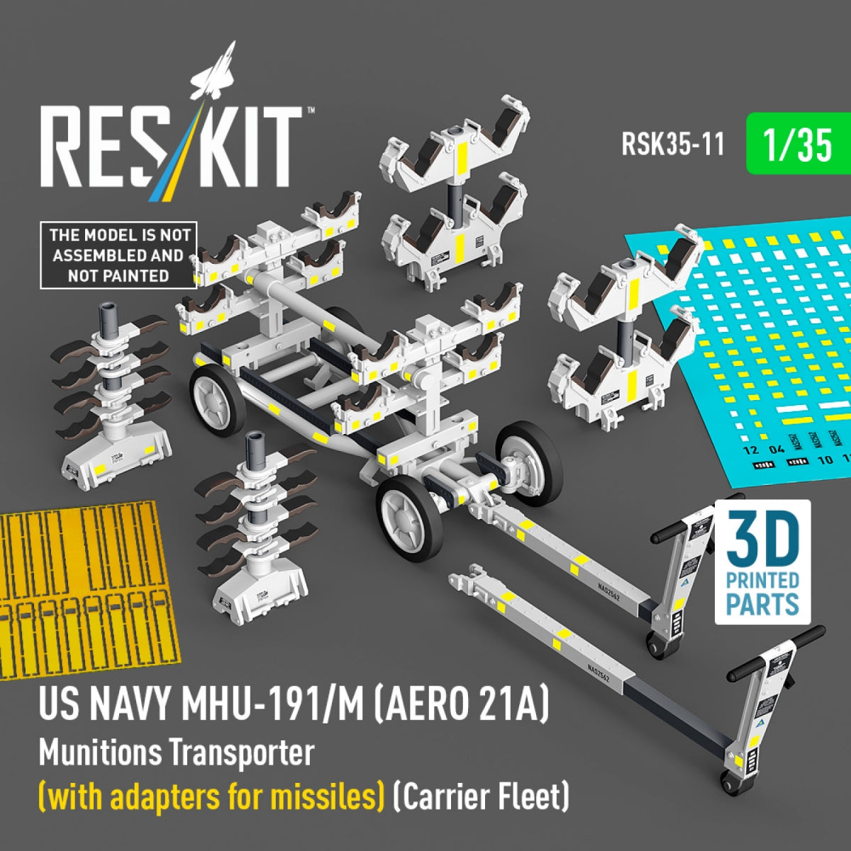 RESKIT RSK35-0011 US NAVY MHU-191/M (AERO 21A) Munitions Transporter (with adapters for missiles) (Carrier Fleet) (3D Printed model kit) 1/35 – Bild 2